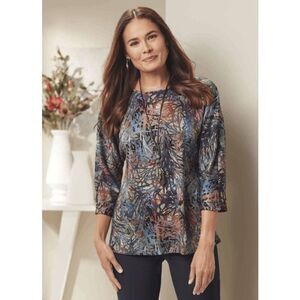 Urbanology Inc Womens 3X Print Knit Top Blue Brown 3/4 Dolman Sleeves NWT